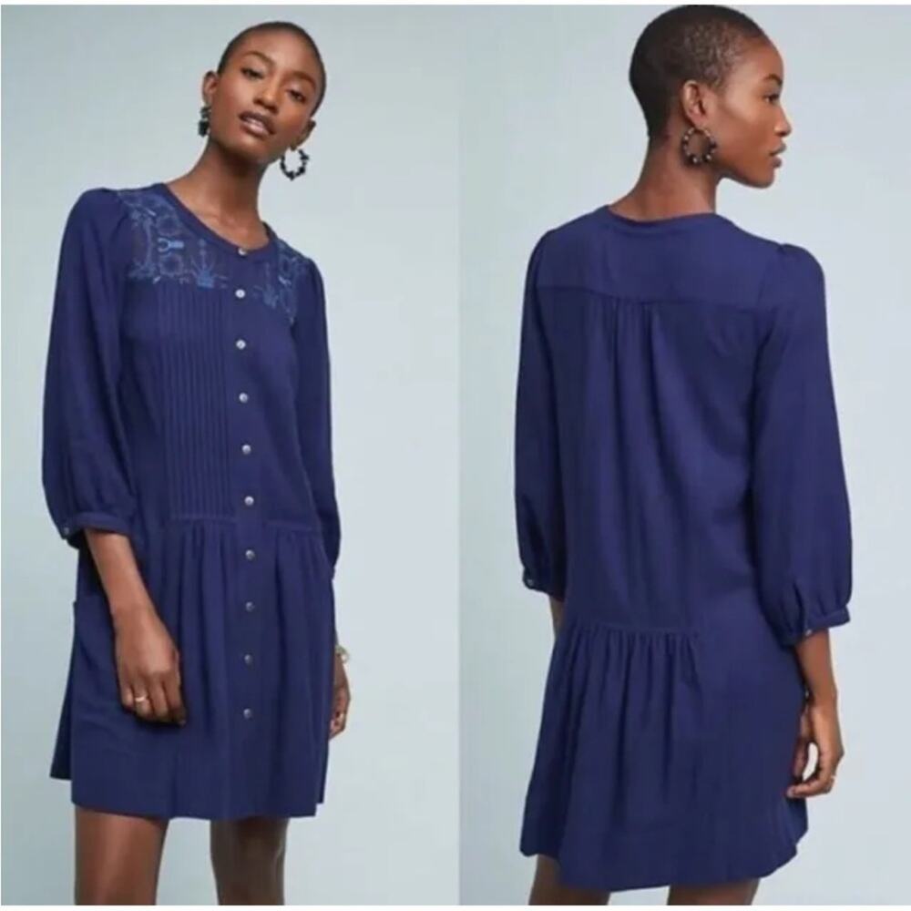 Anthropologie Dubois Embroidered Blue Tunic Dress Button Front Women's Size 0
